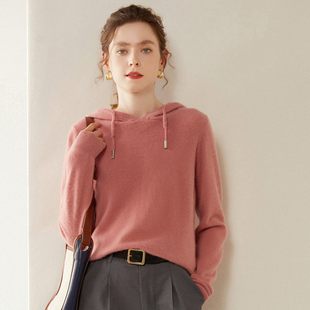 Light Luxury Solid Color 100% Pure Cashmere Hoodie for Women, Versatile for Commuting, Loose Knit Base Hoodie, Loose Fit