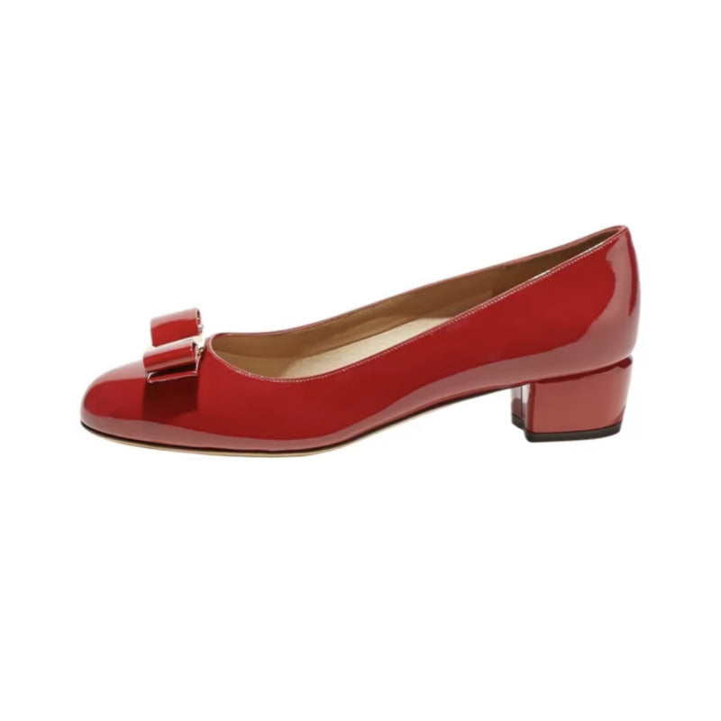 High Version Spring New Style Small Red Shoes Round Toe Comfortable Bow Shoes Thick Heel Flat Patent Leather French Women's Wedding Shoes