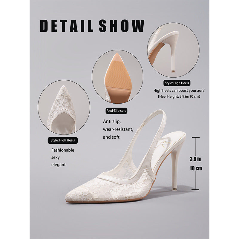 Fashion Lace Stitching High Heels Women's Summer Elegant Sexy Pointed Banquet Wedding Stiletto Sandals Cross-border Special