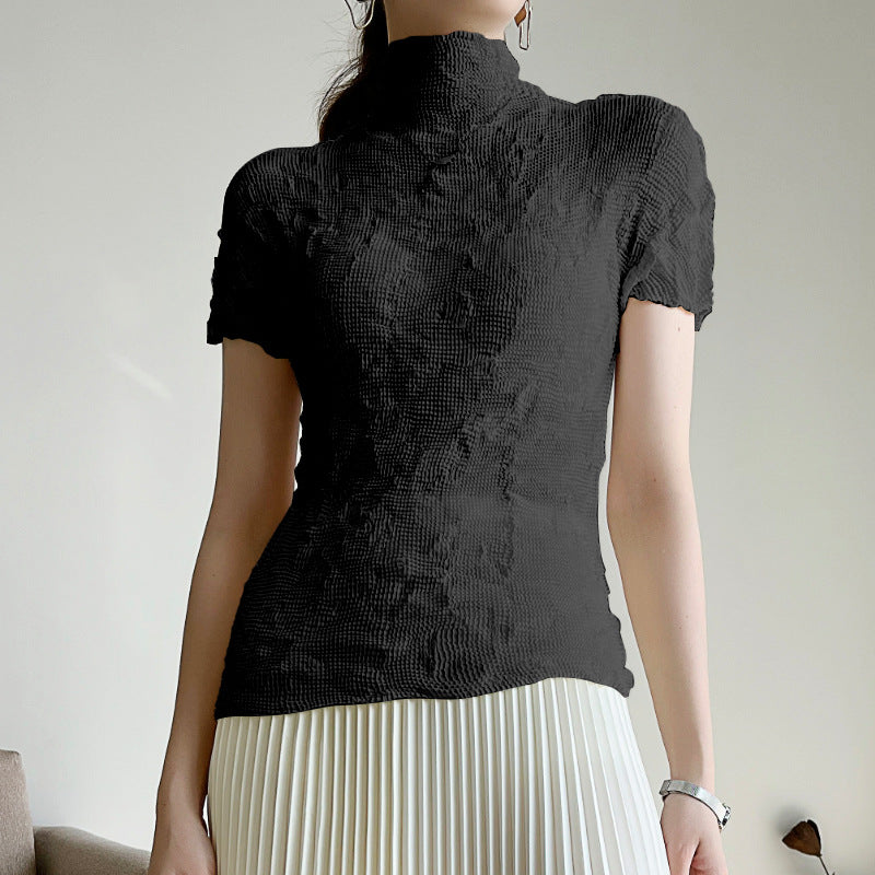 Pleated Tops Women's Bottoming Shirt Summer New Elegant High Collar Slim Fit Miyake Thin Short-Sleeved T-Shirt for Women