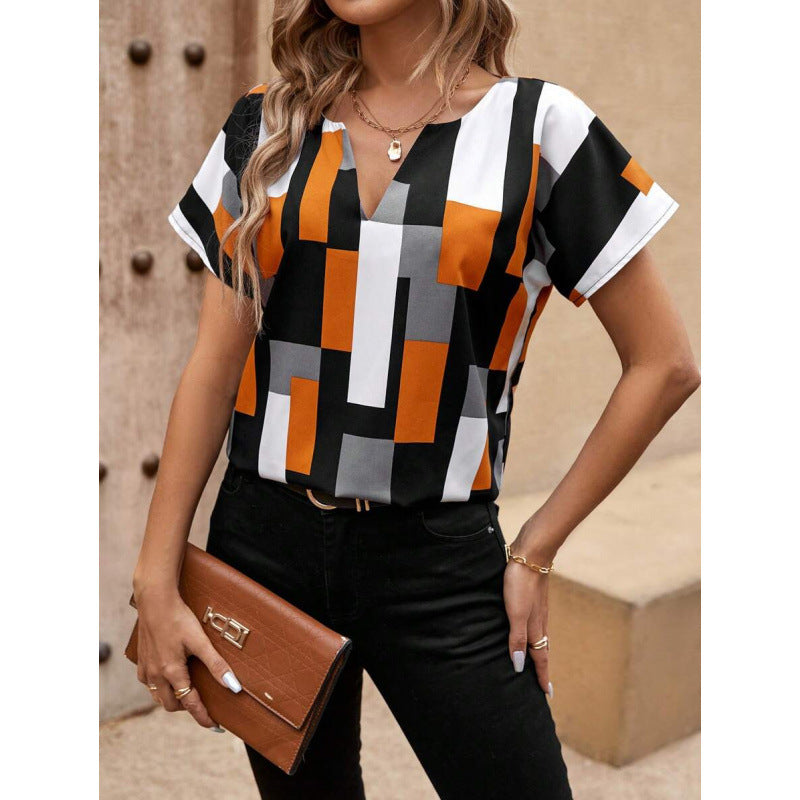 Foreign Trade New Cross-Border Blouses Geometric Print Slit Collar Shirt Short-Sleeved Top