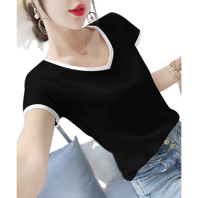 White Short-Sleeved T-Shirt for Women V Neck Stitching Contrasting Color Slim Fit Spring 2025 New Versatile T-Shirt Right Shoulder Tight Top
