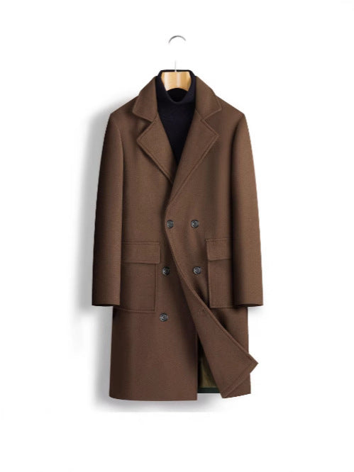 2025 spring new men's foreign trade double-breasted youth solid color casual long woolen coat fashionable trench coat