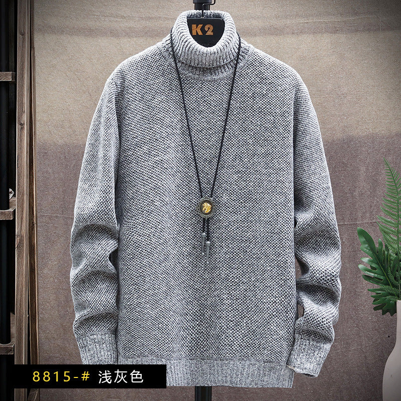 2023 autumn and winter men's turtleneck sweater fleece-lined thickened solid color simple pullover sweater base