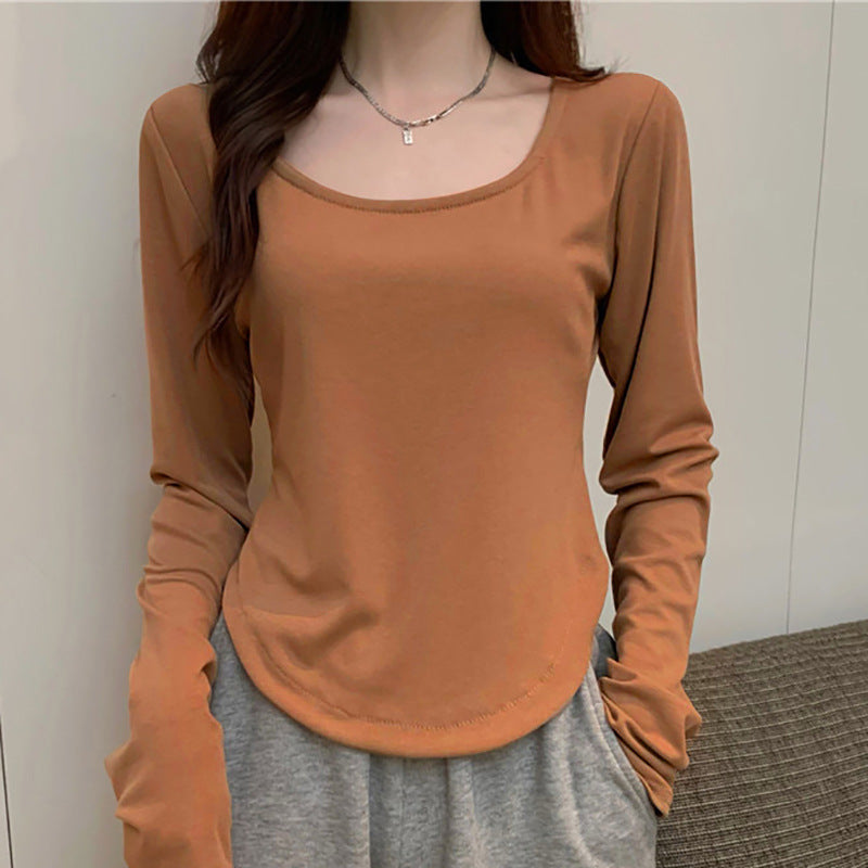 Round Neck Long-Sleeved T-Shirt for Women, New Spring and Autumn Style, Irregular Hem, Slim Fit, Student Casual Versatile Short-Sleeved Top