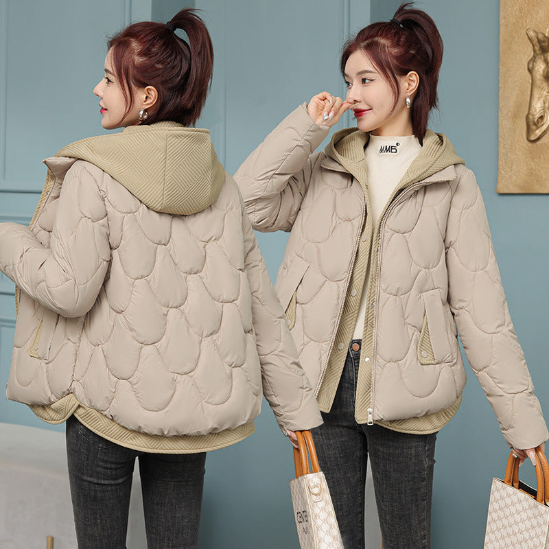 Hooded fake two-piece down cotton clothes women's clothing New Year short corrugated frayed high-end off-season cotton-padded jacket coat fashion
