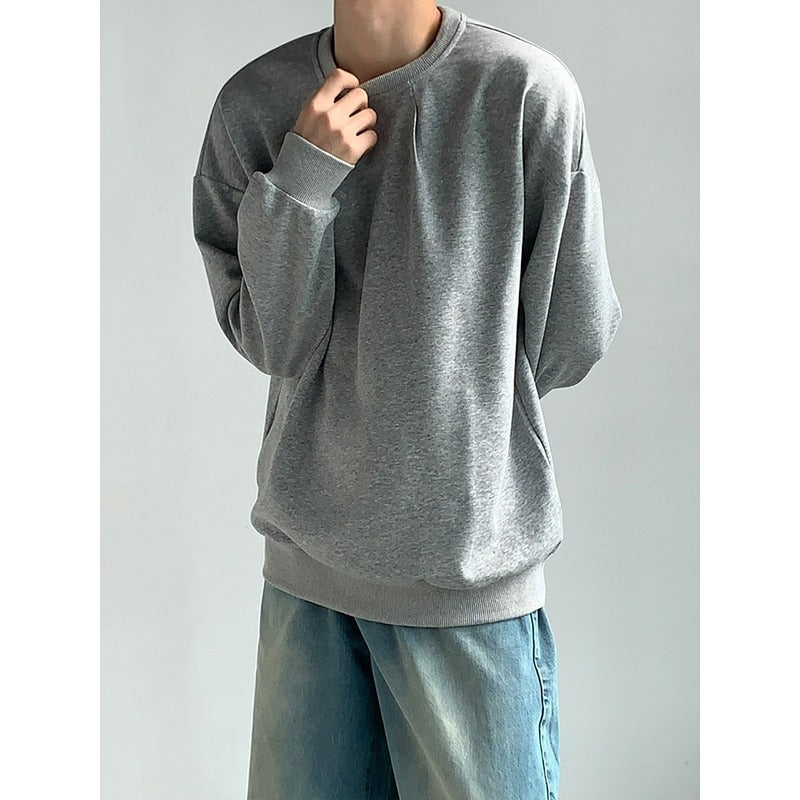 Early Autumn New Pleated Crewneck Long Sleeve Sweatshirt Korean-style Ins Casual Loose Pullover Men