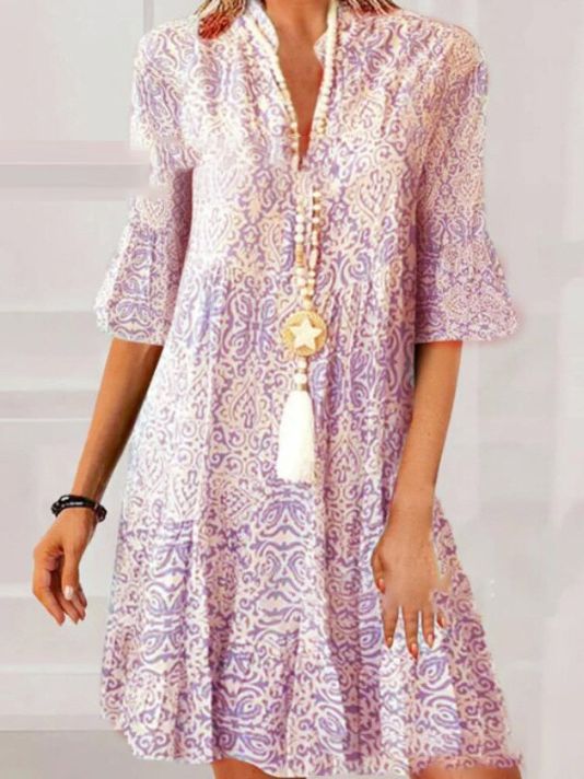 2023 New Summer Style Amazon European and American Clothing Cross-Border Export V Neck Loose Three-Quarter Sleeve Printed Dress for Women