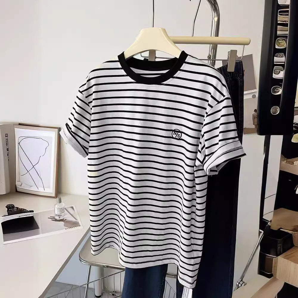 Summer New Korean Style Pure Cotton Loose Embroidered Striped Short-Sleeve T-Shirt for Women, Fashionable Color-Blocking Pullover Versatile Top