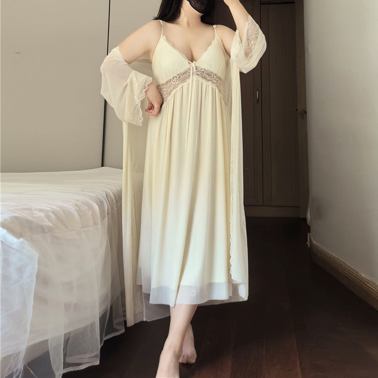 1510 Summer chubby girl plus size Pajamas Women 200 Jin Sexy Lace V-Neck Sling with Chest Pad Two-Piece Long Nightgown