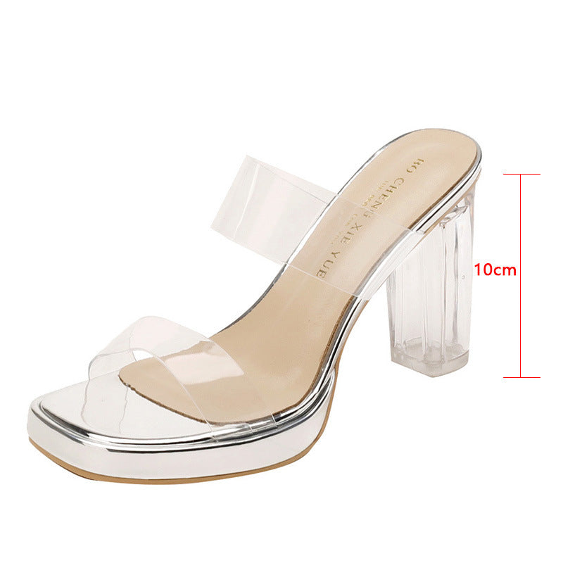 Real sheepskin transparent high heel girls shoes 2025 new waterproof platform with crystal heel thick heel sandals
