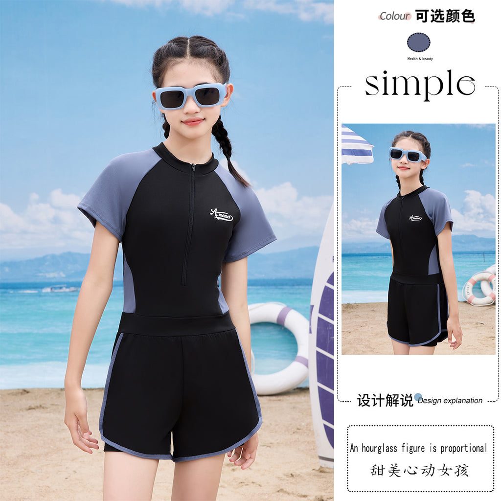Summer Middle and Big Kids Split Swimsuit Women's Zipper 10-15 Years Old Swimsuit Seaside Beach Hotel Quick-drying Student Equipment