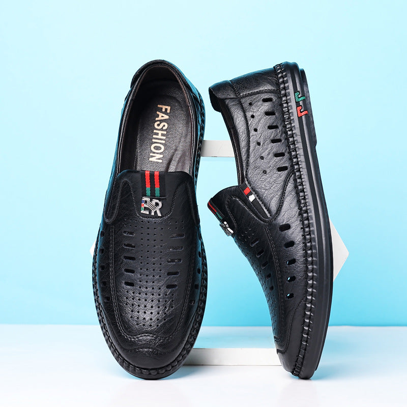2026 New Men's Sandals Soft Leather Business Perforated Men's Shoes Soft Sole Hole-In-The-Wall Dad Leather Shoes White