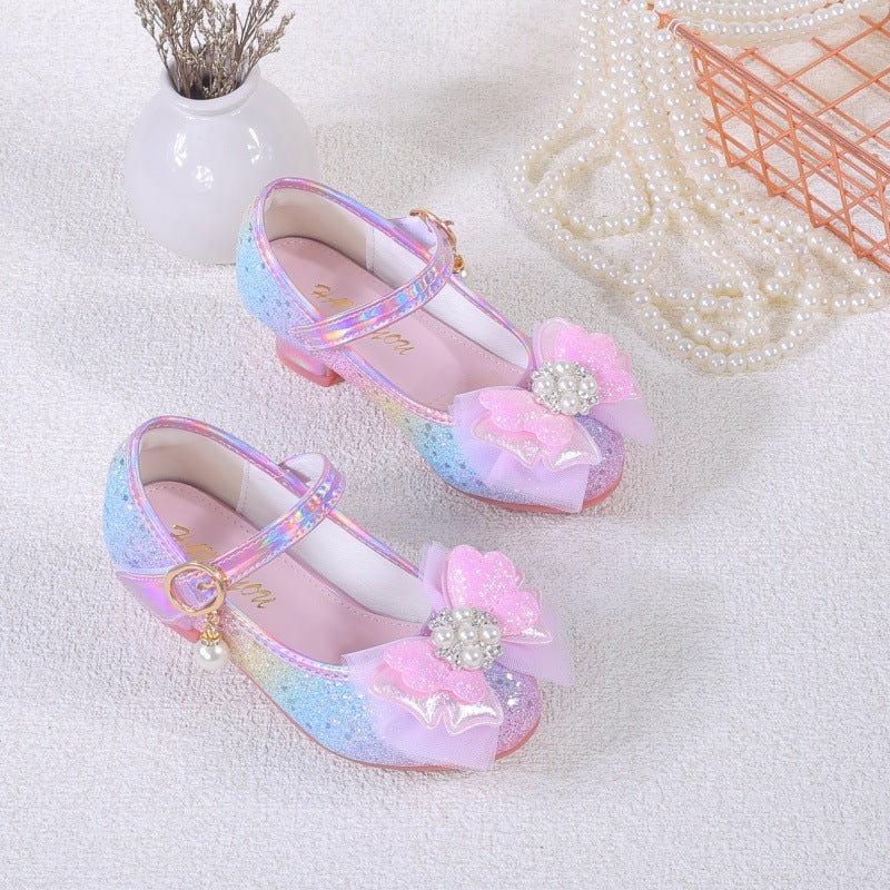 2025 New Lace Bow Girls' Shoes Children's High Heel Princess Shoes Fashion Korean Style Sequined Rainbow Color Shoes