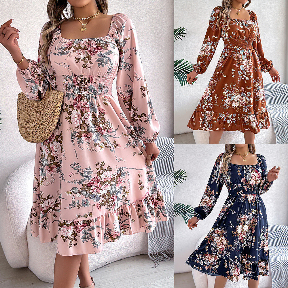 Real shot spring and summer European and American elegant flower square collar long sleeve waist ruffled A- line skirt independent station cross-border women's clothing