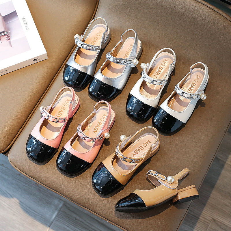 Fashion pearl color matching children's high heels chunky heel girls' leather shoes shallow mouth 2023 Summer new sandals closed toe