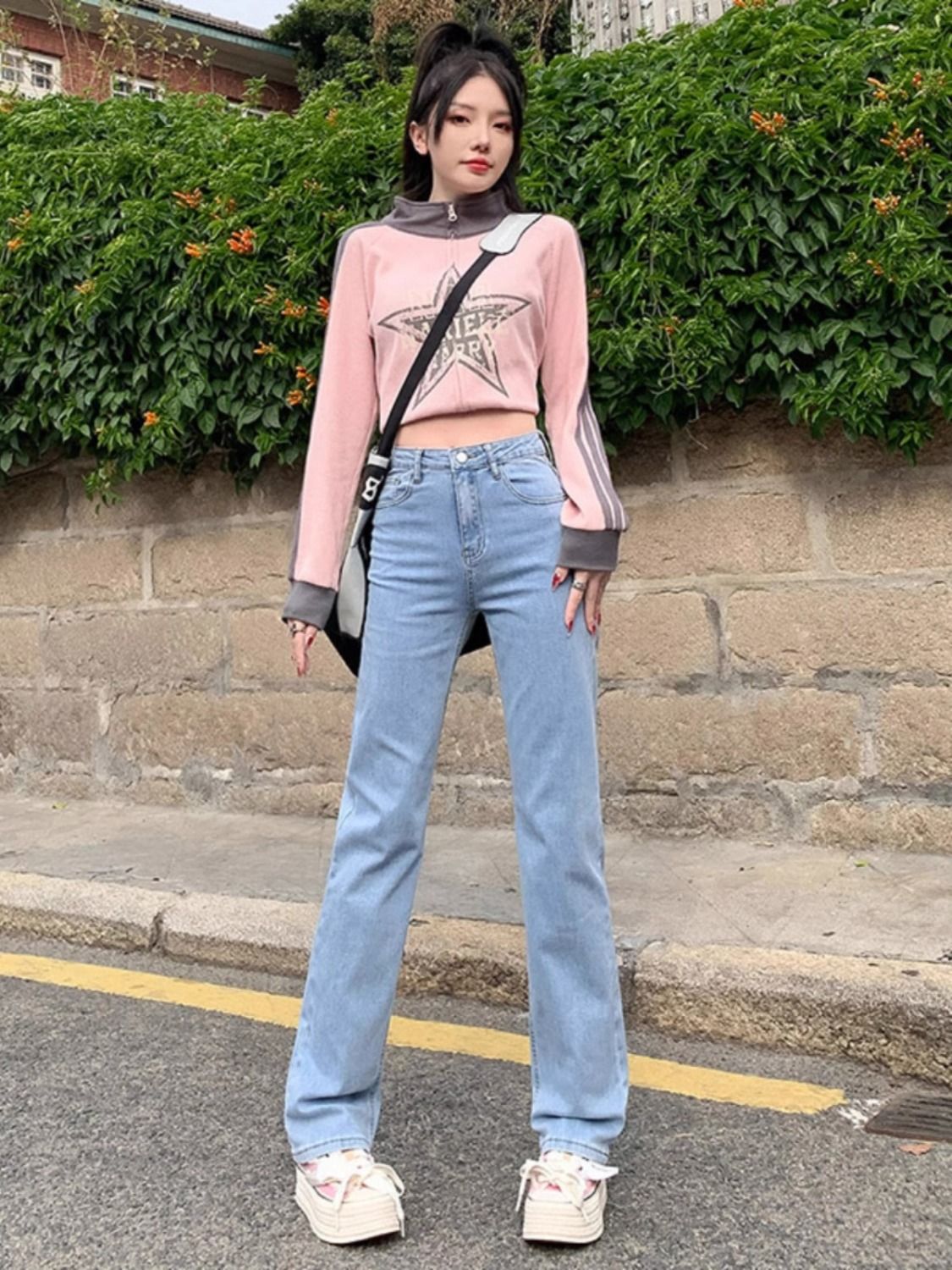Light Blue Straight Jeans for Women Spring New Loose Pants Elastic Waist Casual American High Street Wide Leg Pants