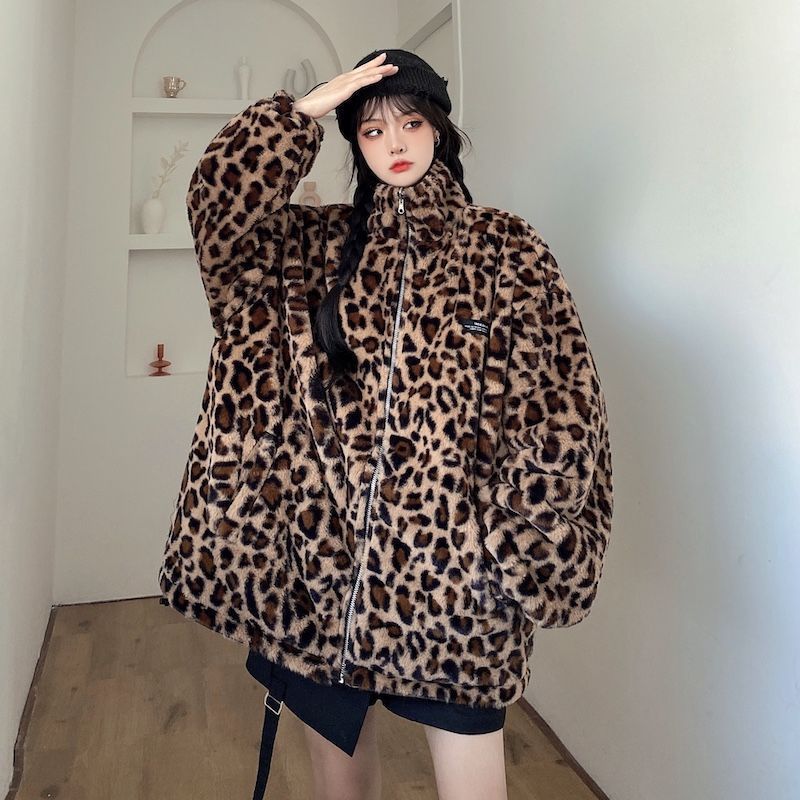 Double Face Wear Leopard Print Thickened Plush Coat Women's Winter New Hong Kong Style Retro PU Leather Coat Student Cotton-padded Jacket Fashionable