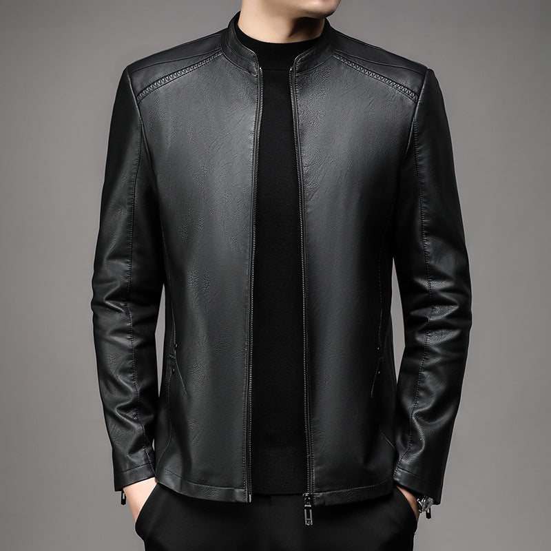 Men's Leather Jacket Men's 2025 Autum New Middle-Aged Fashion Business Stand Collar Fleece-Lined Casual Men's Leather Jacket Jacket