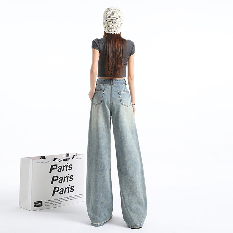 Spring and Autumn Retro High-Waist Belt Design Wide-Leg Pants for Women New Loose Slimming Versatile Drapey Floor-Length Jeans for Women