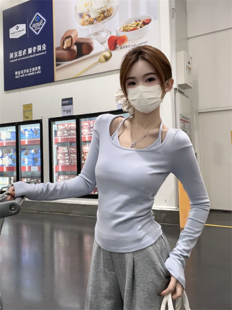 Pure Desire Gentle Style Long Sleeve T-Shirt for Women 2025 Autumn/Winter Halter Neck Fake Two-Piece Design Ruched Short Top
