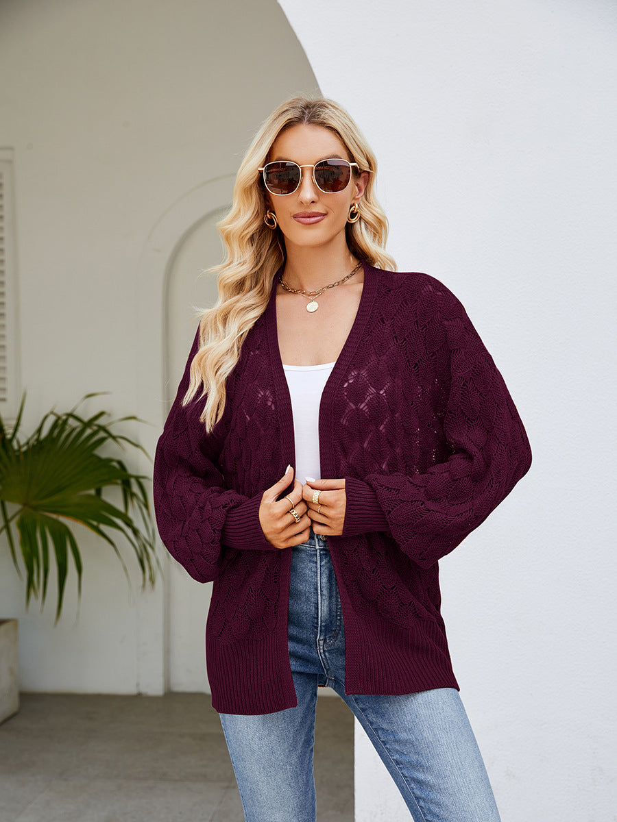 2024 New Loose Lazy Style Mid-Length Sweater Coat Women's Design Hollow Knitted Sweater Cardigan
