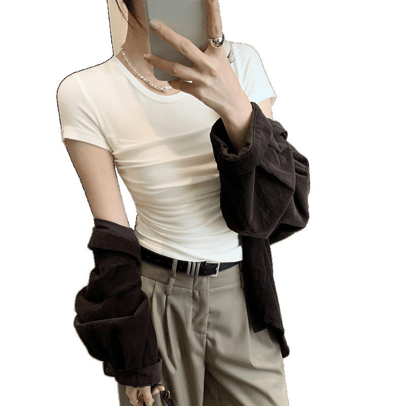 Alibaba Tencel Wool Skin-Friendly Right Shoulder Slim Short-Sleeved T-Shirt for Women Summer 2025 New American Hot Girl Top
