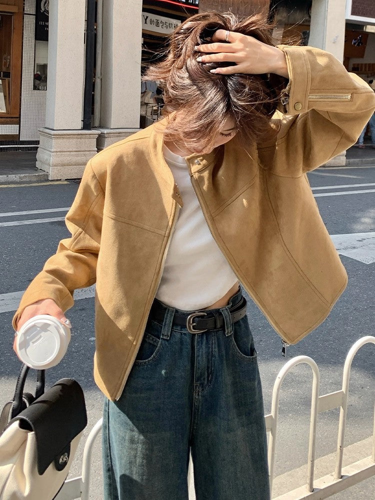 Khaki Suede Jacket Women's Short 2025 Autum New Korean Style Retro Casual Fashion Design Jacket