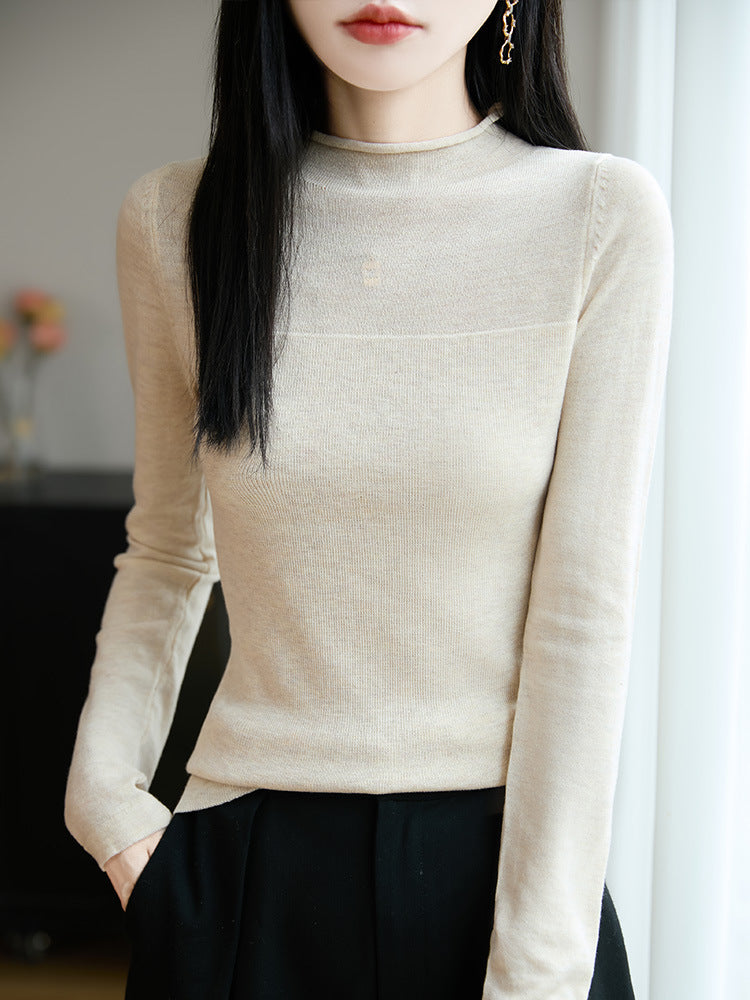 Sweater Women's Autumn and Winter Rolled Edge Half Turtleneck Knitted Sweater Thin Long-Sleeved Knitted Bottoming Shirt Women's Top Cross-Border Sweater