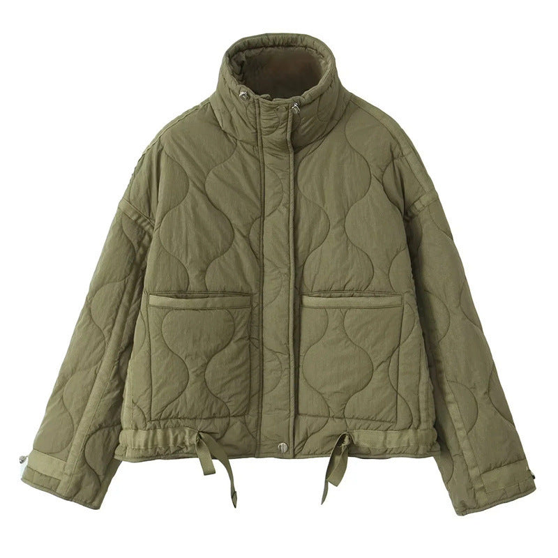 New Autumn and Winter Women's Stand-Up Collar Quilted Cotton Jacket Outwear Patch Pocket Decoration Fashion Loose Casual Cotton Outwear for Women