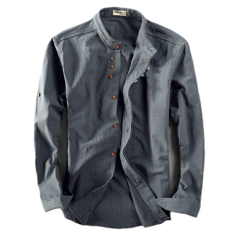 Men's buckle long-sleeved shirt autumn casual linen retro Chinese style slim stand collar slim fit shirt jacket