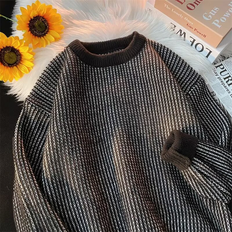 Autumn and Winter New Small Striped Sweater Men's Couple Casual Knitted Sweater Personalized All-match Fashion Contrast Color Base Shirt Jacket
