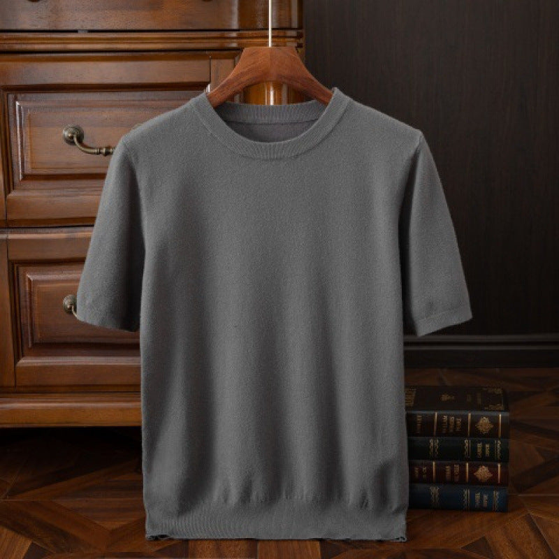 Men's Knitted Short-sleeved Korean Trendy Round Neck Half Sleeve Spring and Autumn Men's Slim-fit Solid Color Short-sleeved Sweater