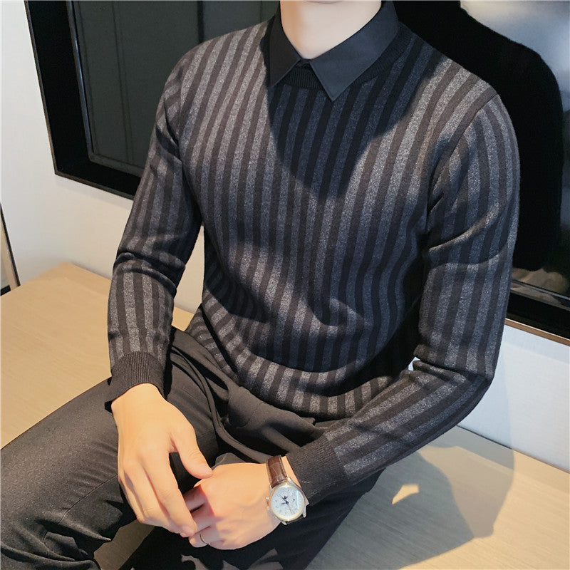 Fake Two-piece Sweater 2022 Autumn Men's Textured Striped Shirt Collar Sweater Pullover Stretch Casual Sweater for Men