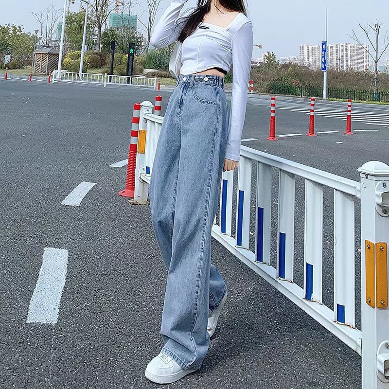 High-Waisted Wide-Leg Jeans for Women, Straight-Leg, Loose, Slim, 2024 Summer Clothes, New Style, Drapedy Floor-Length Pants for Small People