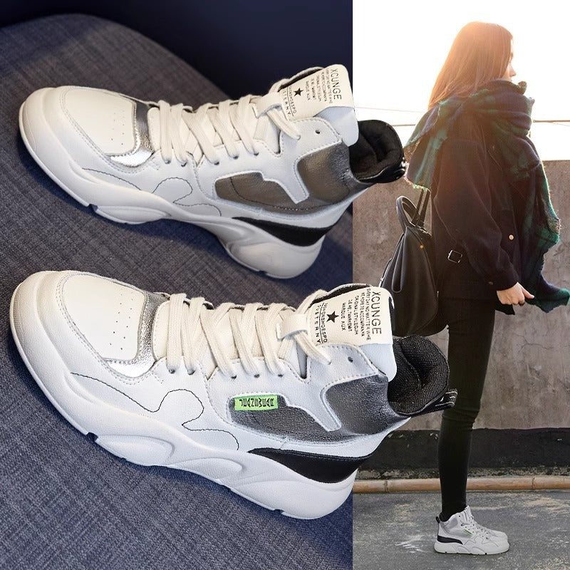 Genuine Leather High-Top Sneakers for Women 2025 Spring White Shoes for Women Korean Style Breathable Casual Sports Sneakers for Women Comfortable