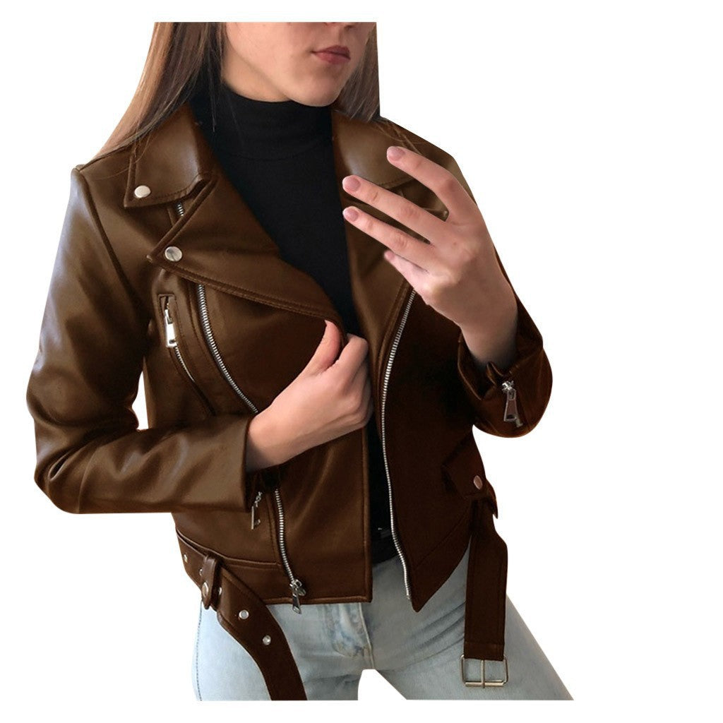 Cross-border 2023 New European and American Motorcycle Leather Jacket Autumn and Winter Women's Leather Clothing Women's Short Slim-fit Leather Fashion Jacket