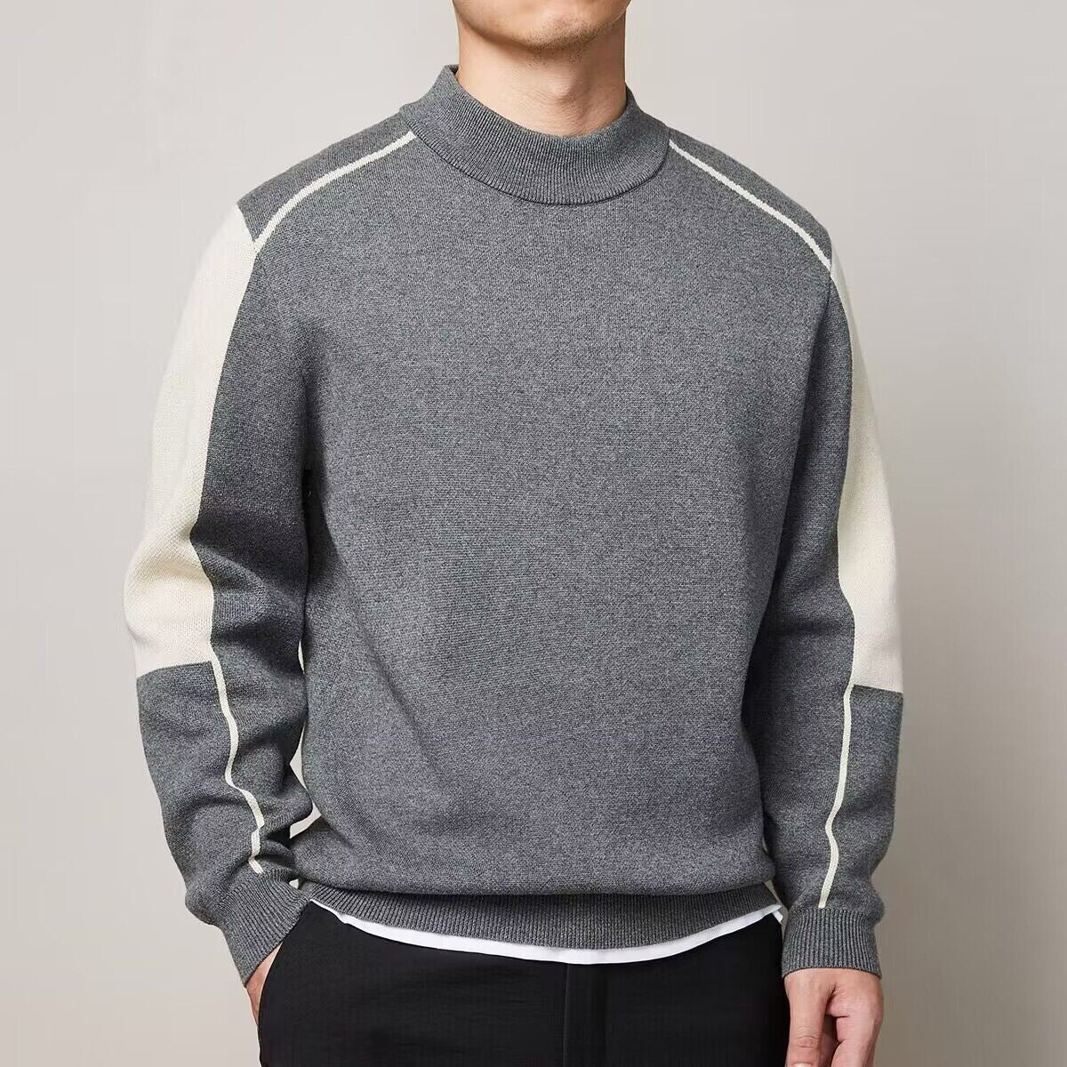 Men's Light business 2023 autumn and winter New round neck pullover casual simple contrast color sweater men's top