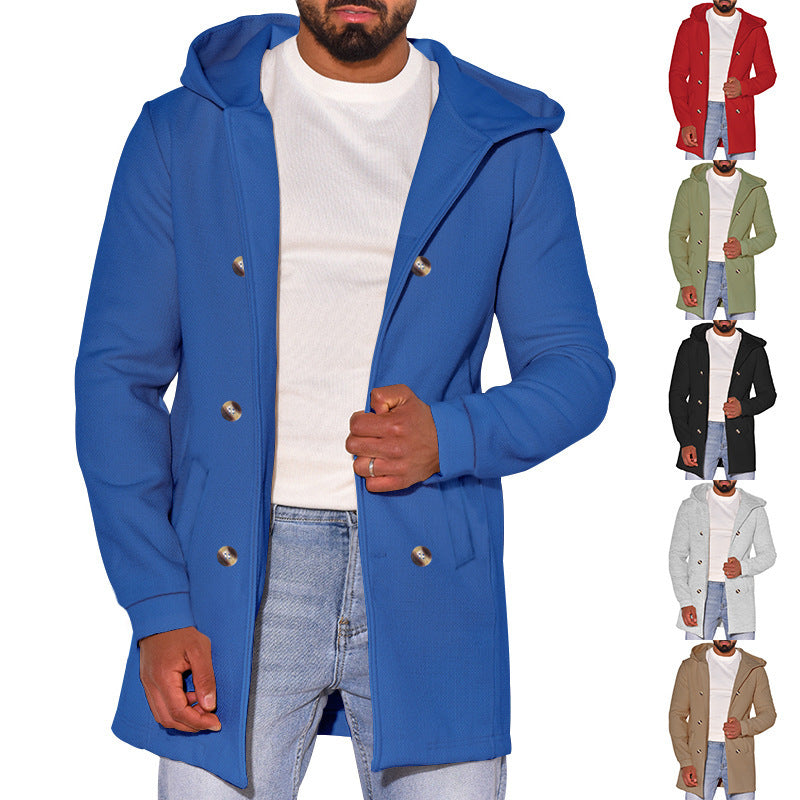 Independent Station Hot Selling 2024 Amazon Men's Hooded Double-breasted Casual Coat Woolen Coat Men's Coat Spring and Autumn