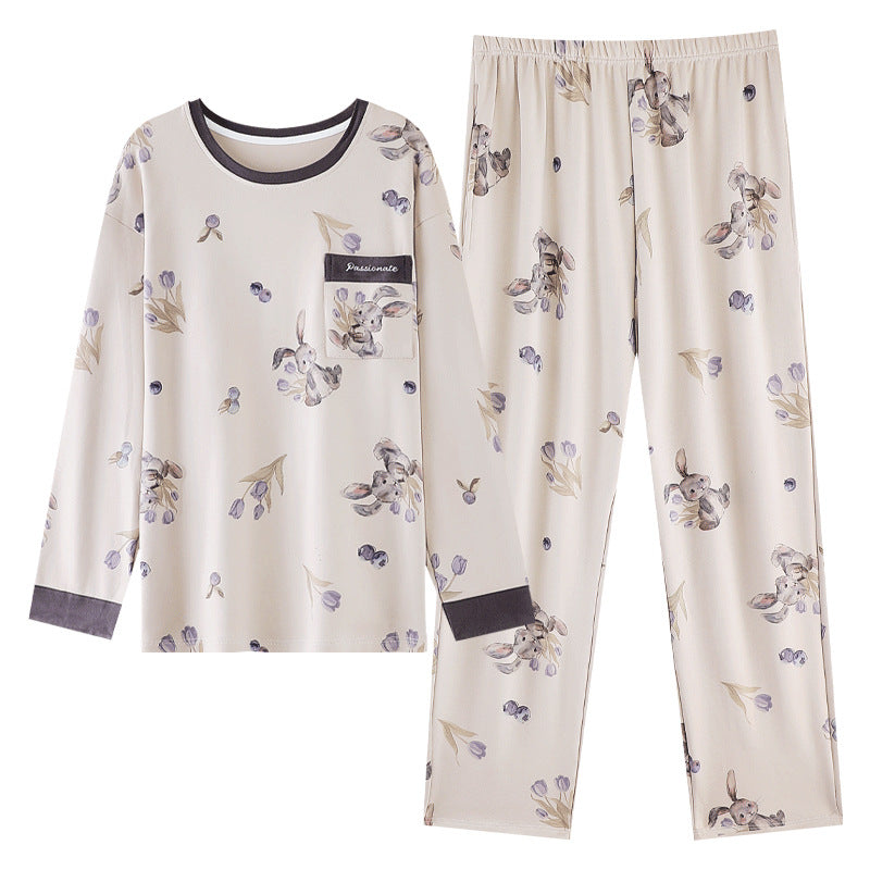 Pajamas for Women, Pure Cotton Long-Sleeved Pants, Can Be Worn Outside, Home Clothes, Quality with Chest Pads, Double-Sided Pure Cotton Large Size Pajamas Set