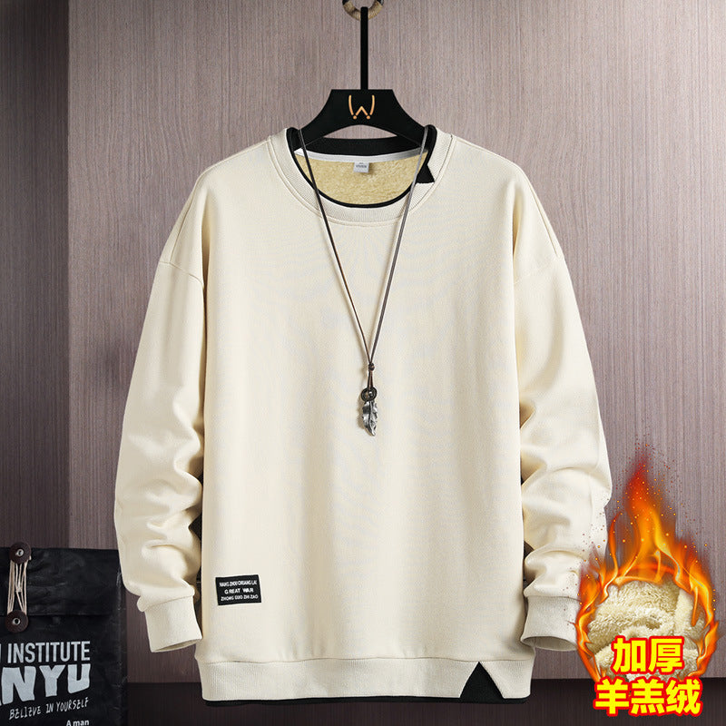 Fake Two-piece Stitching Heavy Round Neck Sweaters Men's Autumn and Winter Fashionable Ins All-match Long-sleeved T-shirt Top Men