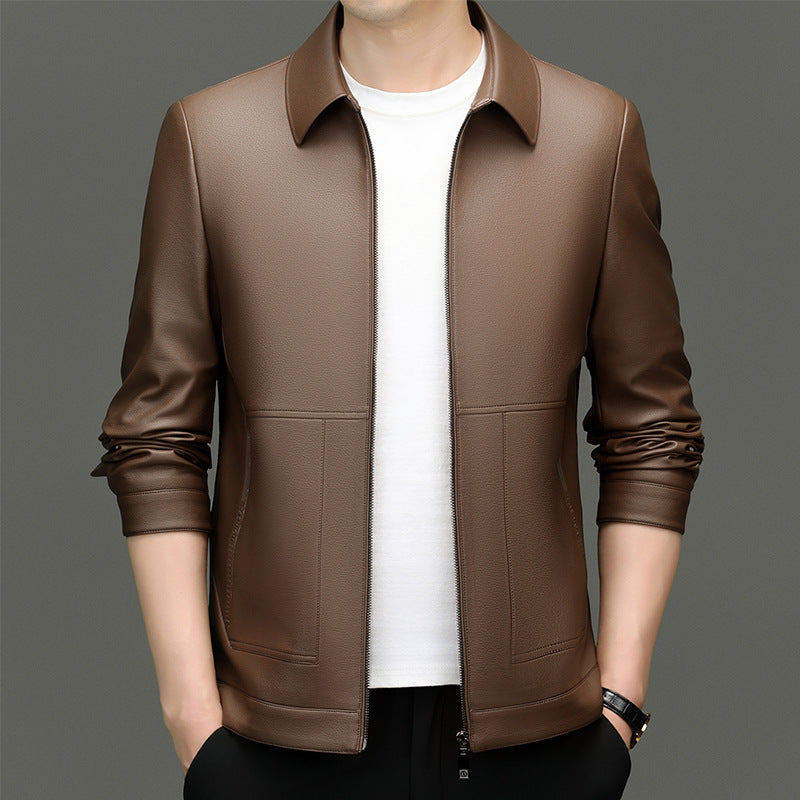 Leather men's 2024 autumn and winter new fleece-lined thickened lapel pu leather jacket coat protein ecological leather men's