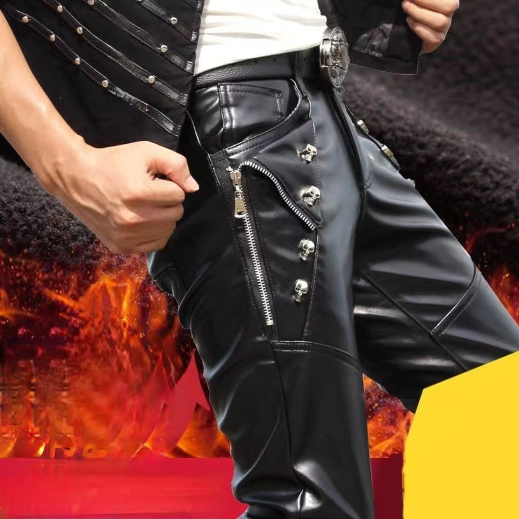 Men's Leather Pants Slim Fit Korean Style Youth Biker Leather Pants Skinny Pants Leather Pants Cross-Border Popular Version