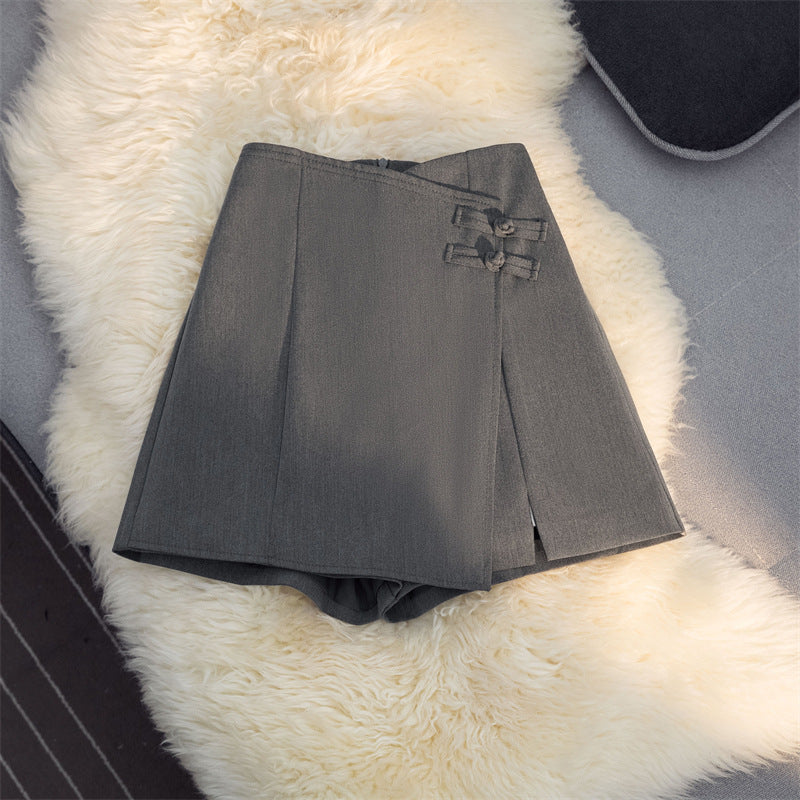 New Chinese Style National Style Pants Skirt Women's Asymmetrical 2025 Summer Fashion Suit Shorts High Waist Slimming Look A-Line Wide Leg Pants