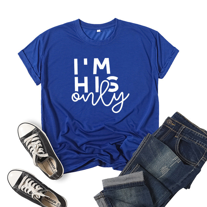 in stock Foreign Trade Cross-border I 'M HER ONE Couple Valentine's Day Printed Short-sleeved Crewneck T-shirt European and American Men and Women