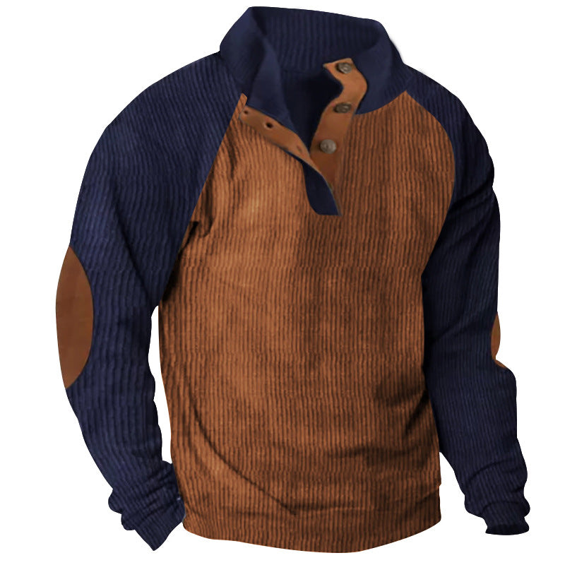 2025 Cross-Border Men's Casual Stand Collar Sports Sweatshirt Amazon Autumn and Winter Contrast Color Corduroy Slim Raglan Sweatshirt