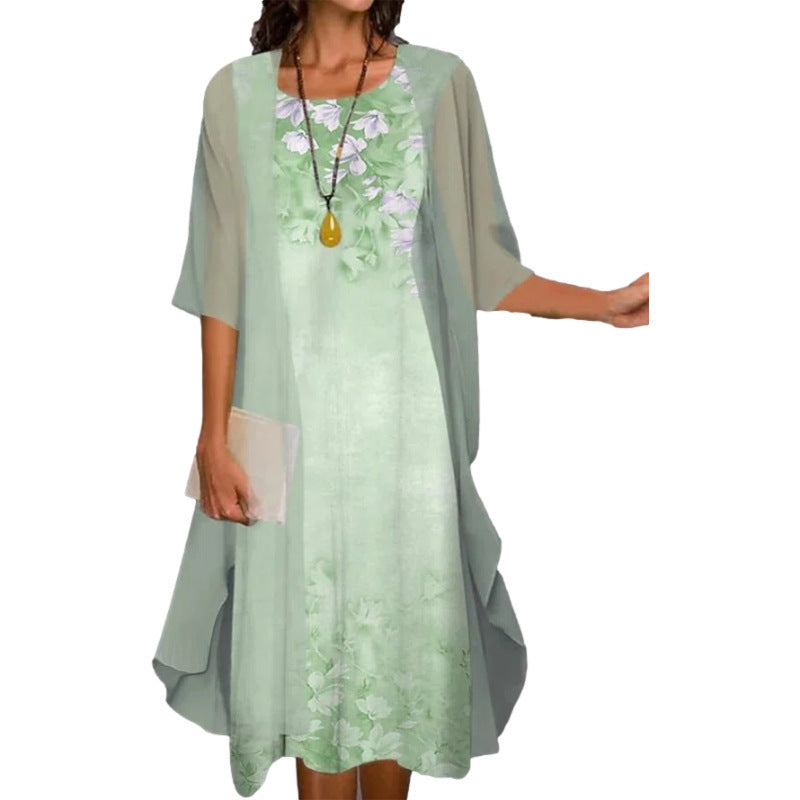 European and American Amazon Summer Women's Casual dress Two-Piece Flower-Print Round Neck Slim-Fit Dress Women
