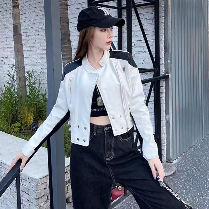 Short Leather Women's Coat 2023 Spring and Autumn New Fashion Design Sense Personalized Contrast Biker Short Jacket