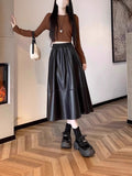 Black Leather Skirt, Long Style, for Petite Women, Autumn 2025 New High-Waisted A-Line Skirt, Pu Leather Skirt