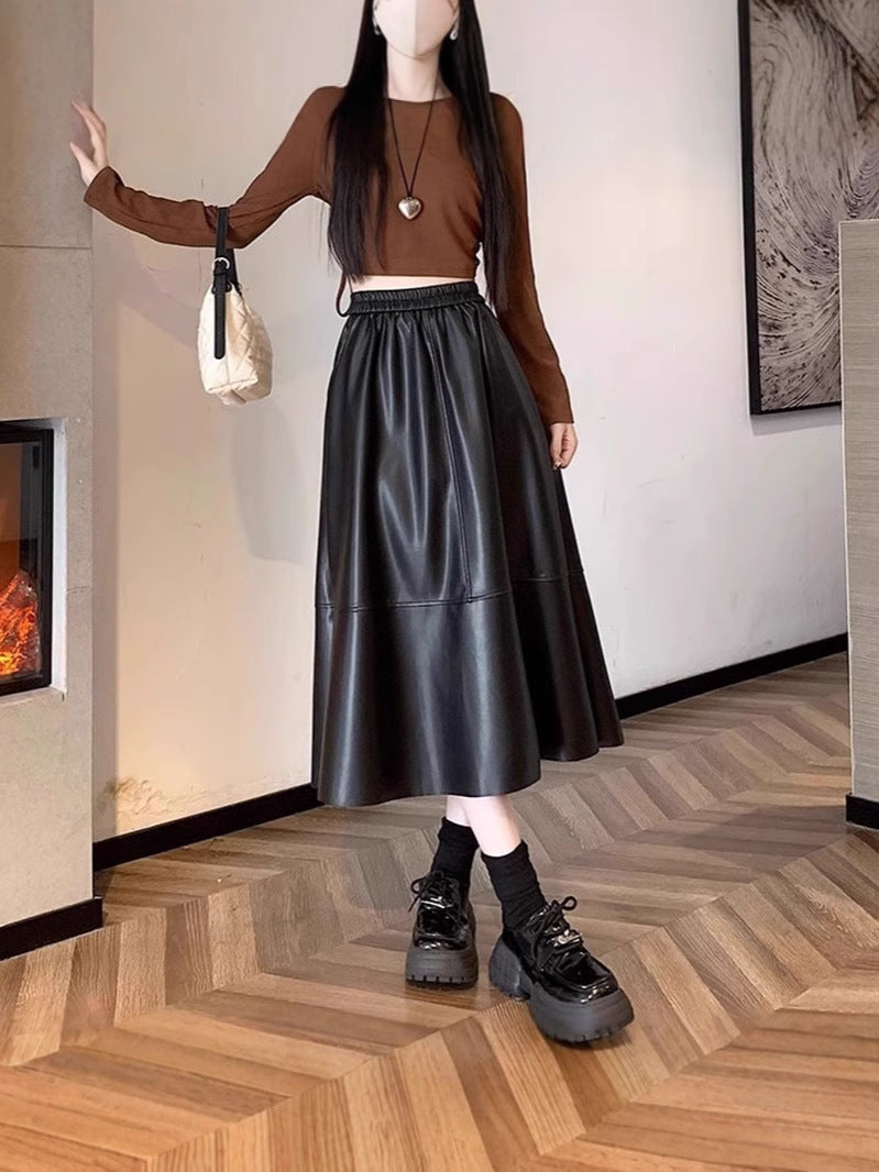 Black Leather Skirt, Long Style, for Petite Women, Autumn 2025 New High-Waisted A-Line Skirt, Pu Leather Skirt